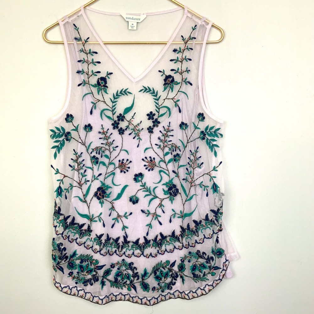 Sundance Medium Lavender Sheer Floral Beaded Embroidered Sleeveless Top w/ Cami
